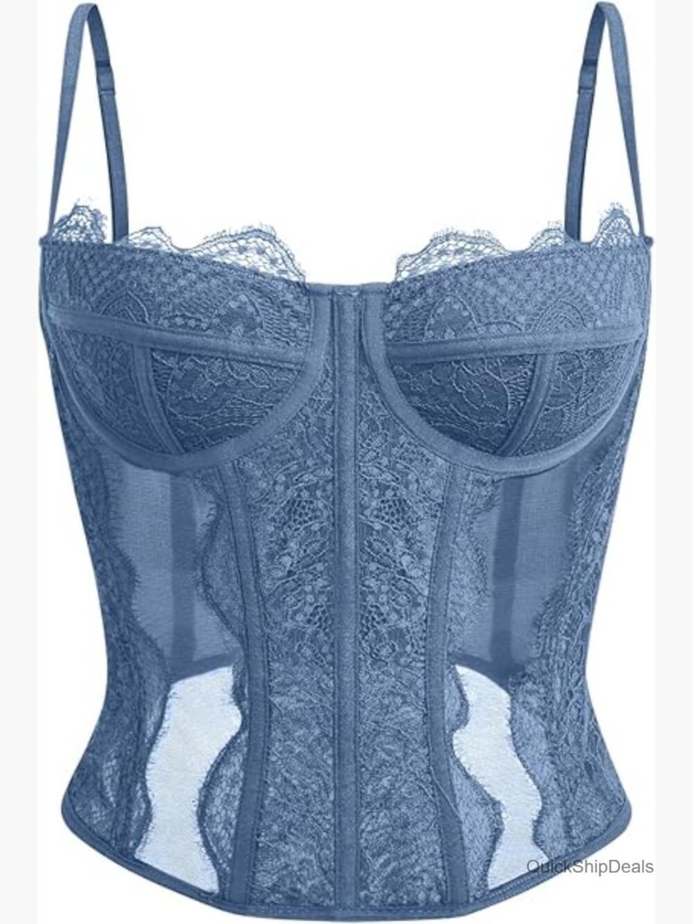 Lace Mesh Corset Top, Bustier Crop with Spaghetti Straps, Nylon Spandex